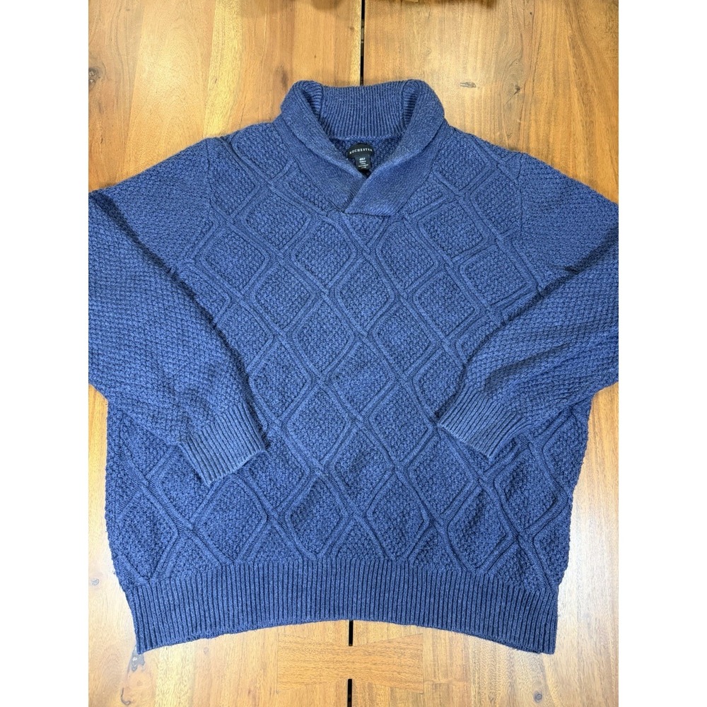 Rochester Mens Blue Diamond Cable Knit Shawl Collar Sweater 4XLT Tall Pullover